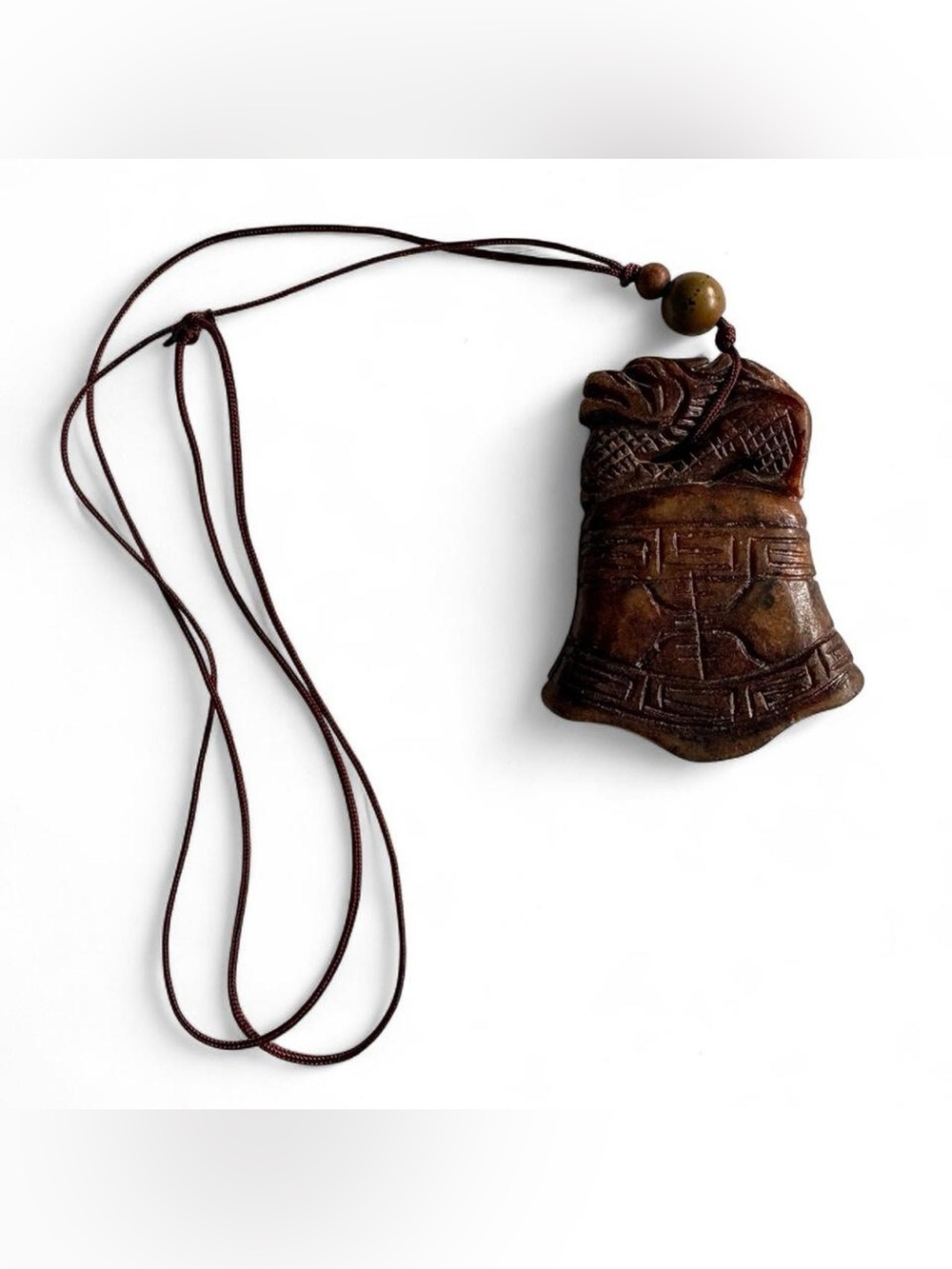 Vintage Carved brown/russet jade pendant featuring archaic style pattern dragon